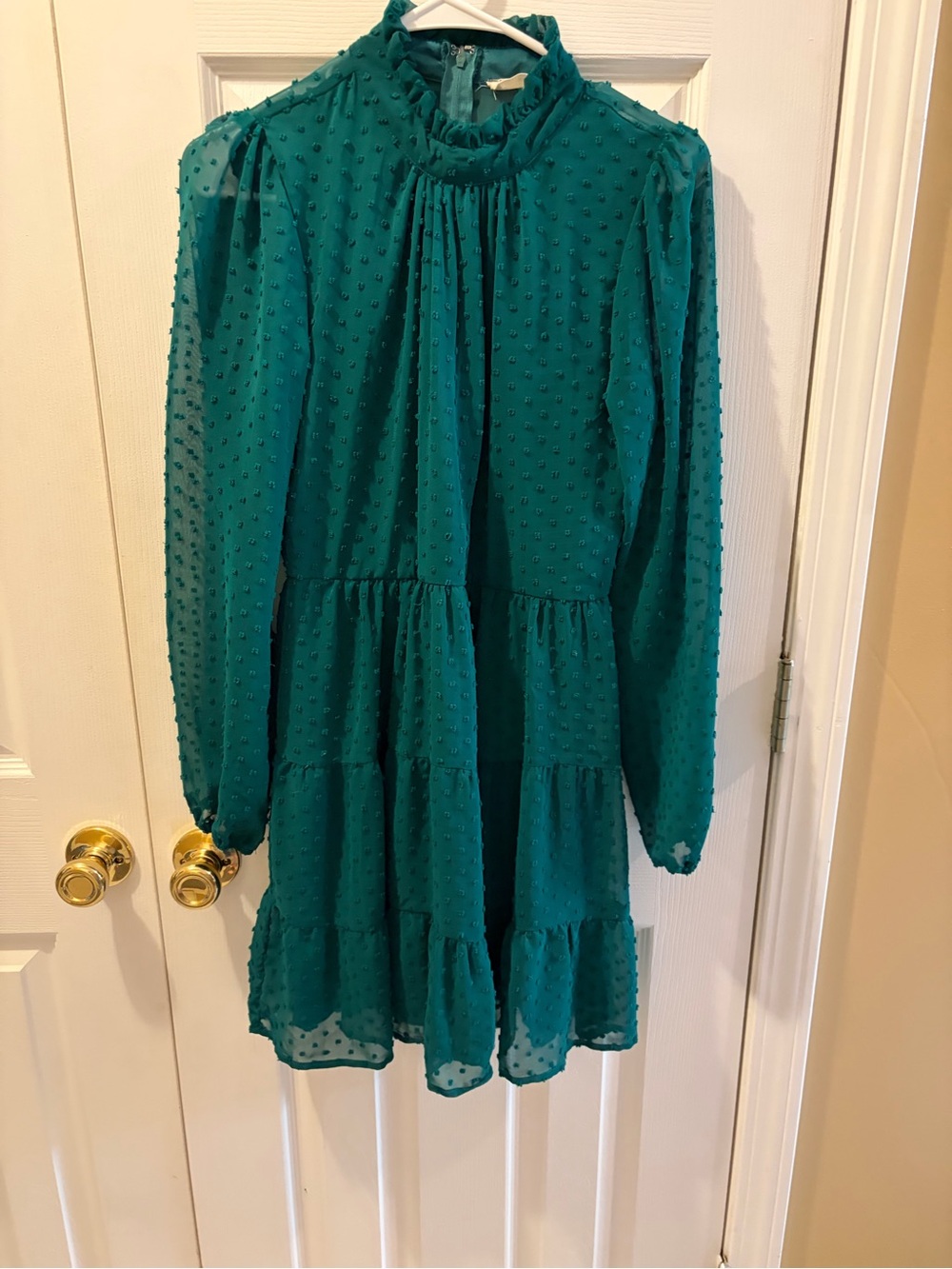 Altar'd State Teal Swiss Dot Tiered Long-Sleeve Dress